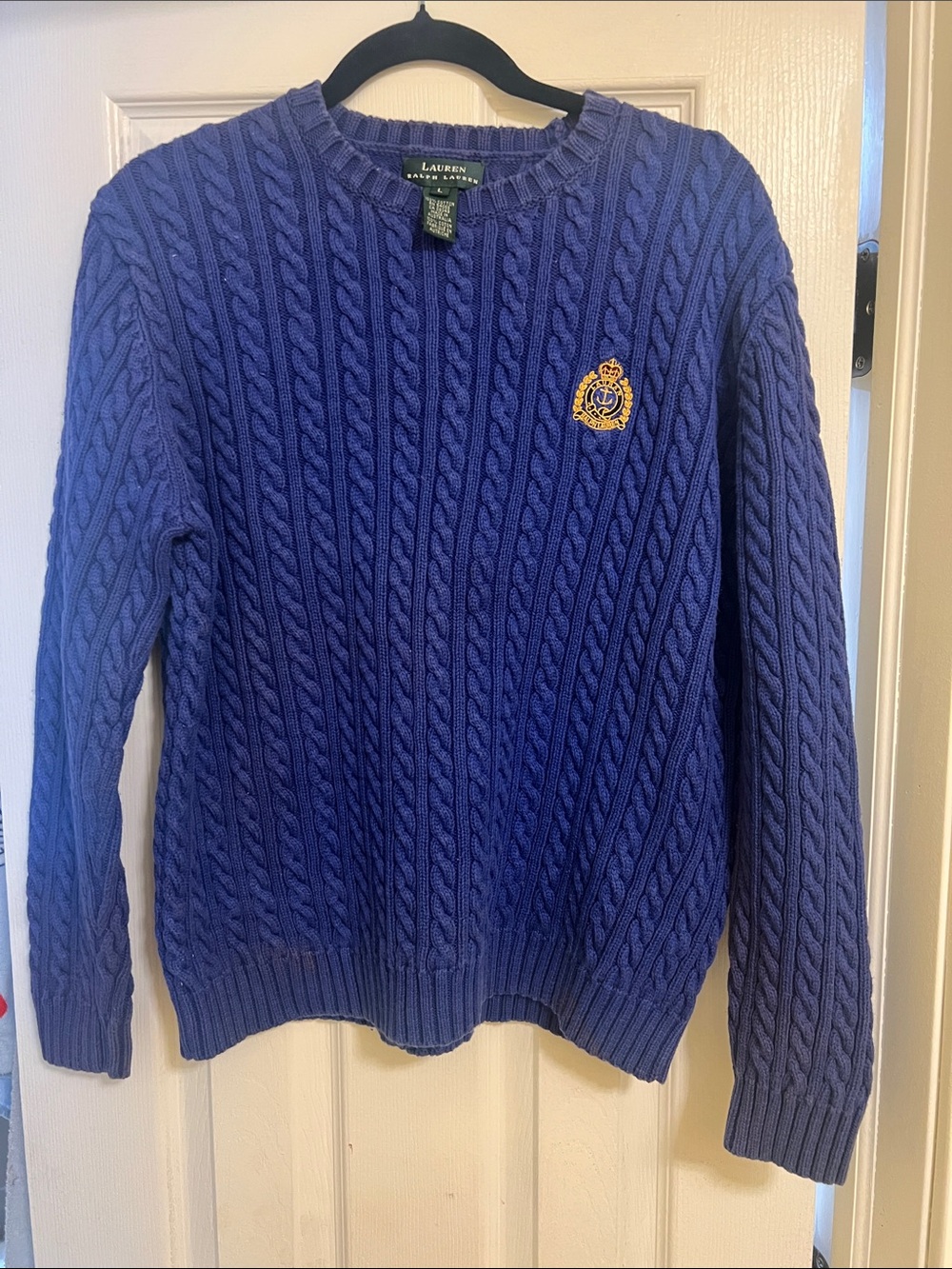 Ralph Lauren Navy Cable-Knit Crewneck with Gold Crest